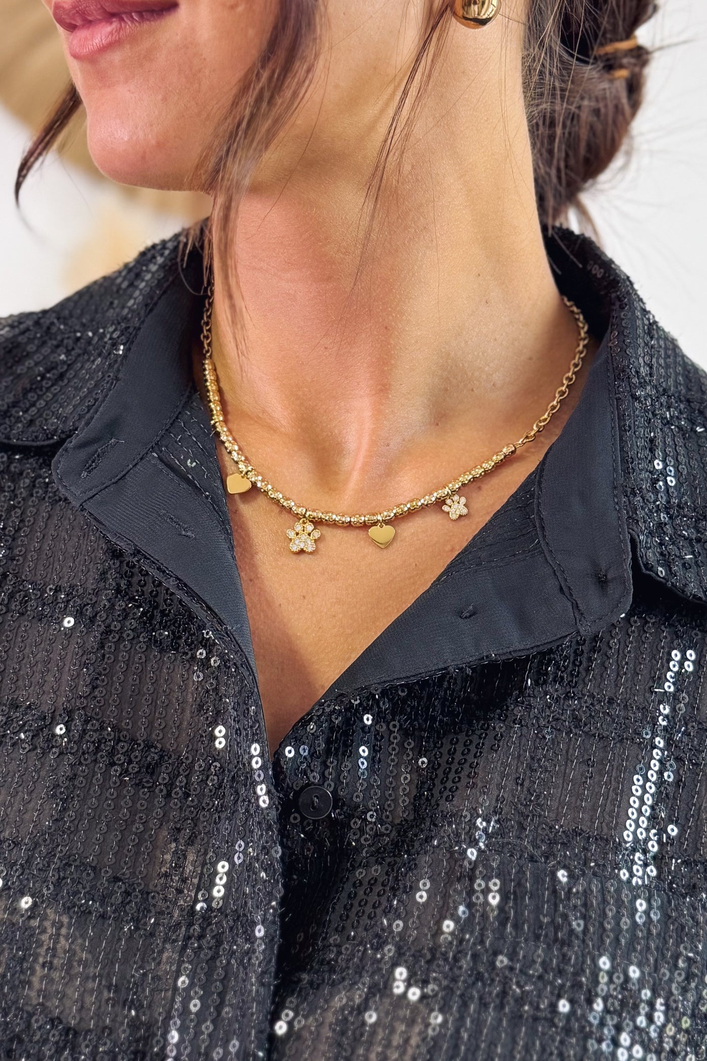 Collier Perles Breloques Fleurs Doré