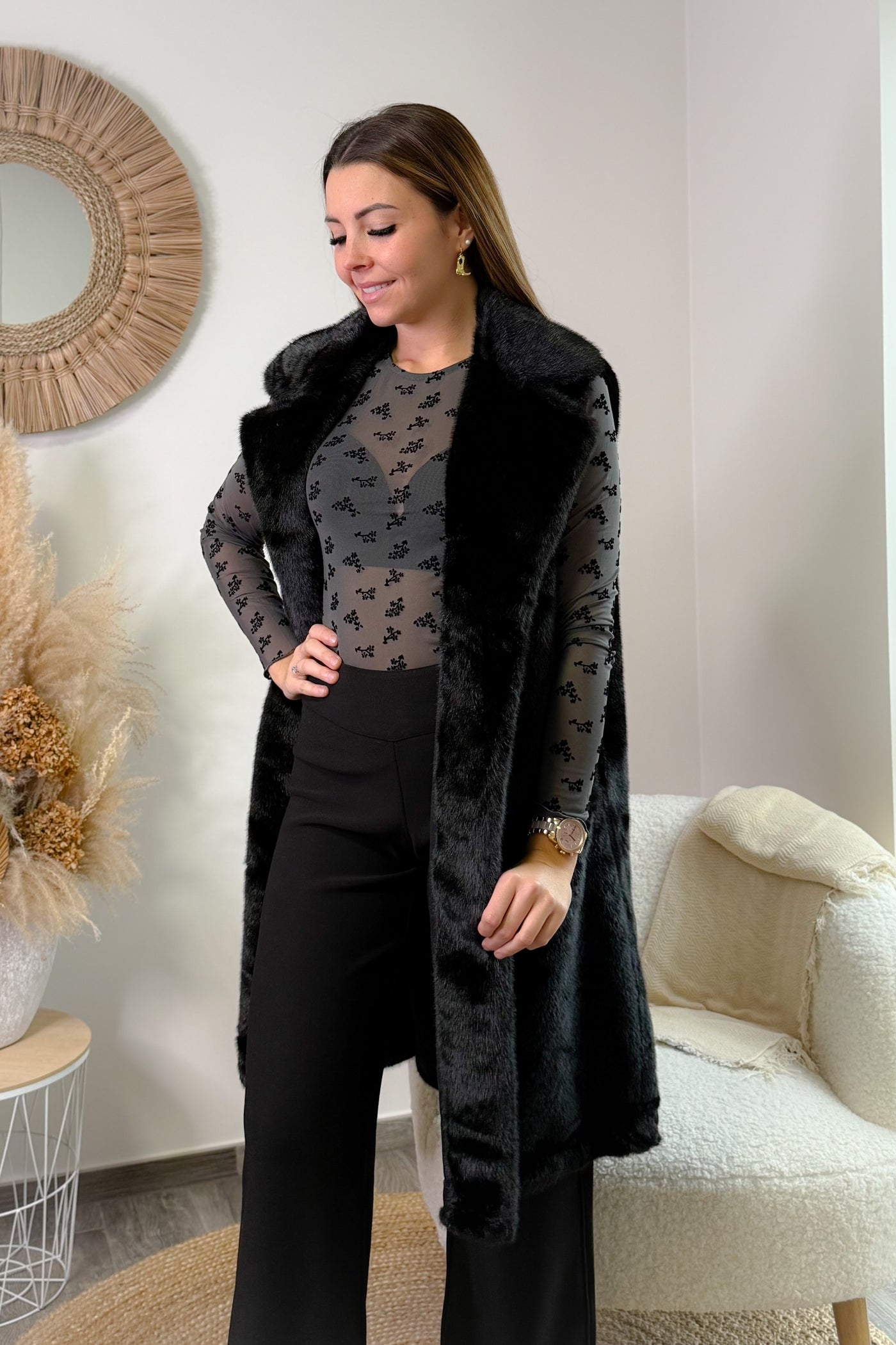 Long Gilet Sans Manches Fausse Fourrure Natacha Noir