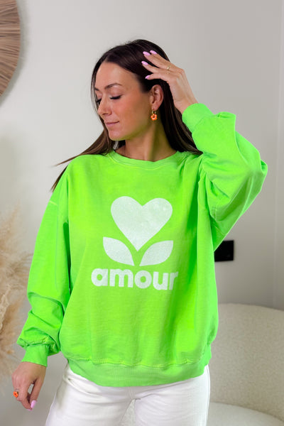 Sweat " AMOUR" Vert Fluo Délavé (14975685886277)