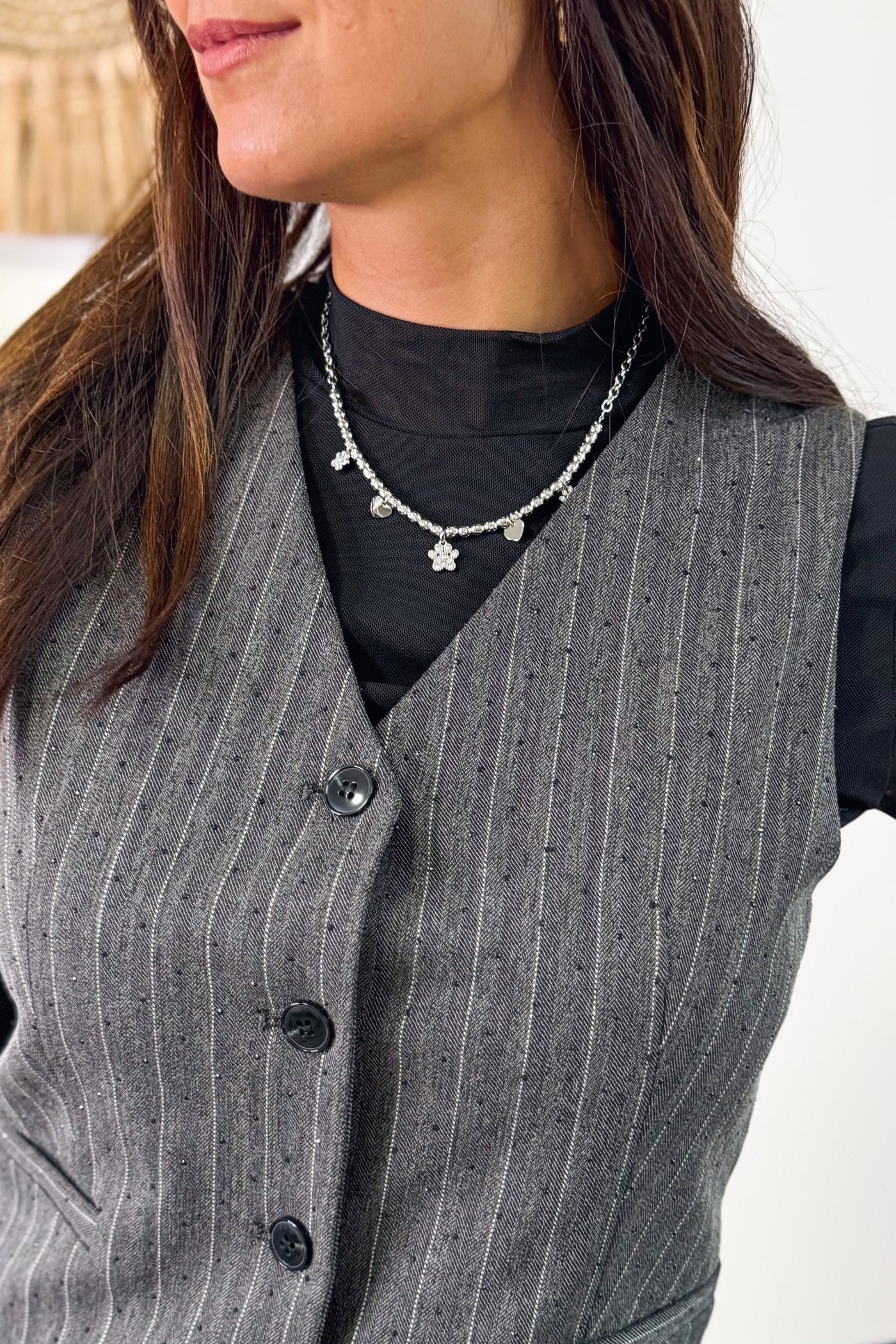 Collier Perles Breloques Fleurs Argent