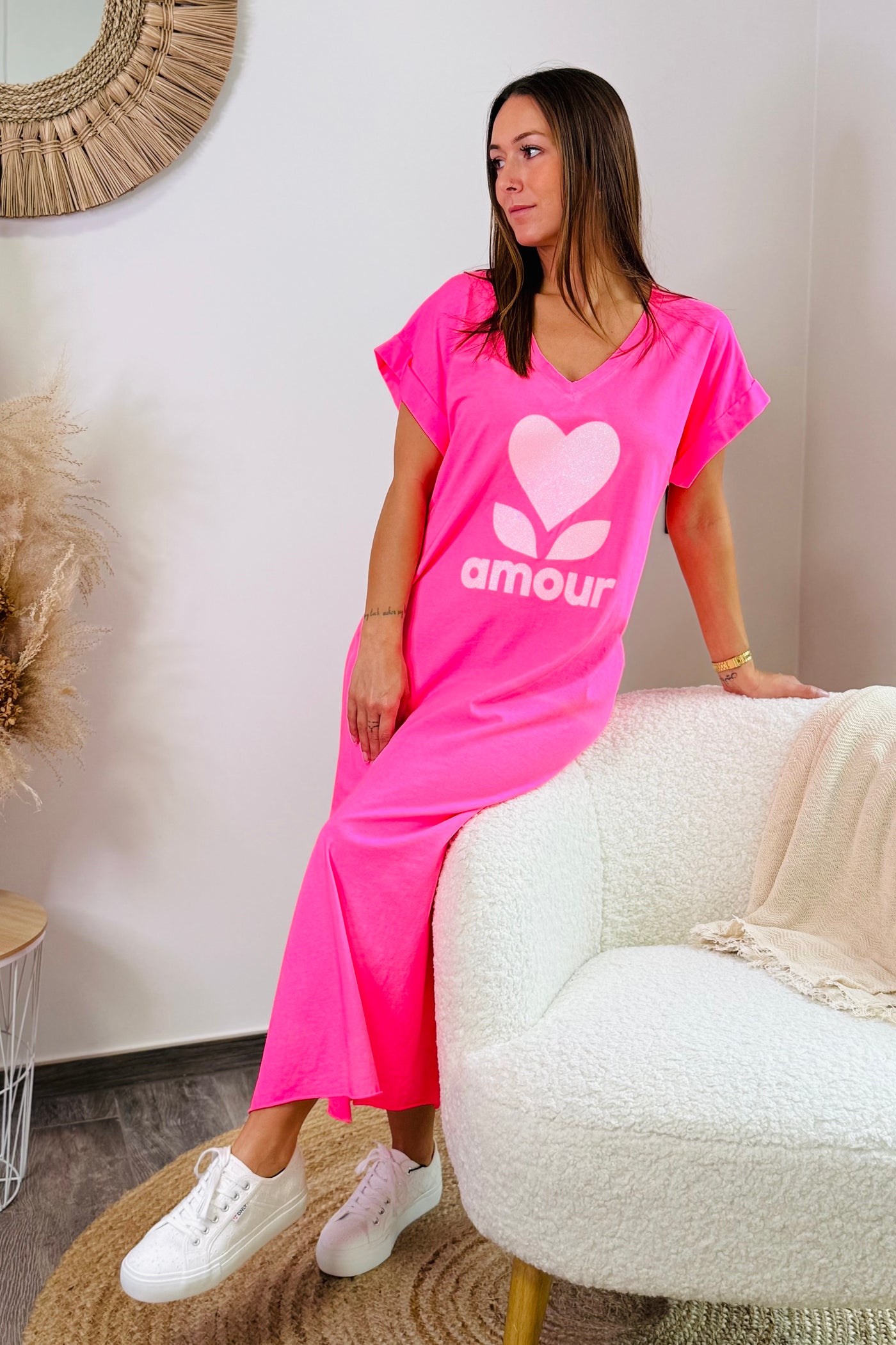 Longue Robe T-Shirt " Amour" Rose Fluo (15086192689477)