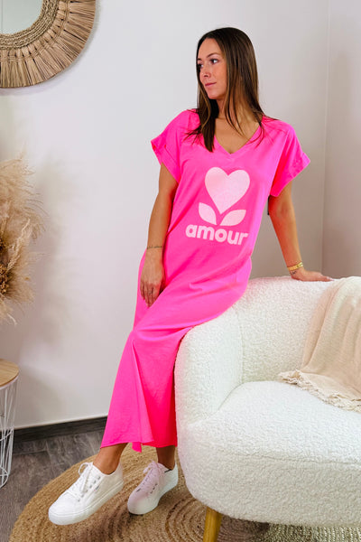 Longue Robe T-Shirt " Amour" Rose Fluo (15086192689477)