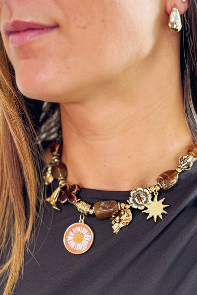 Collier céramique breloques fleur séchée marron doré (15172806574405)