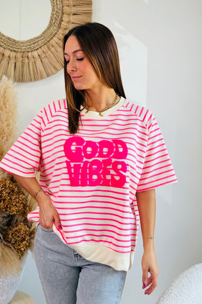 Sweat "Good Vibes" Rose Fluo Manches Courtes (15038226563397)