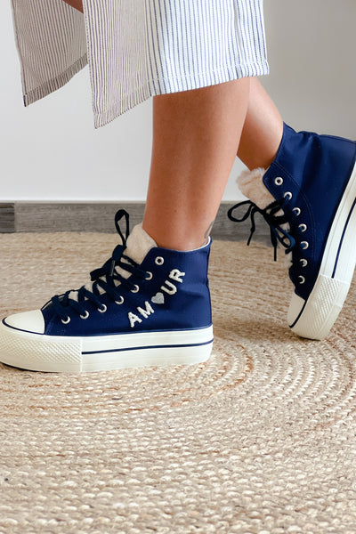 Style Converse " AMOUR " Bleu Marine avec fausse fourrure (8722052612421)