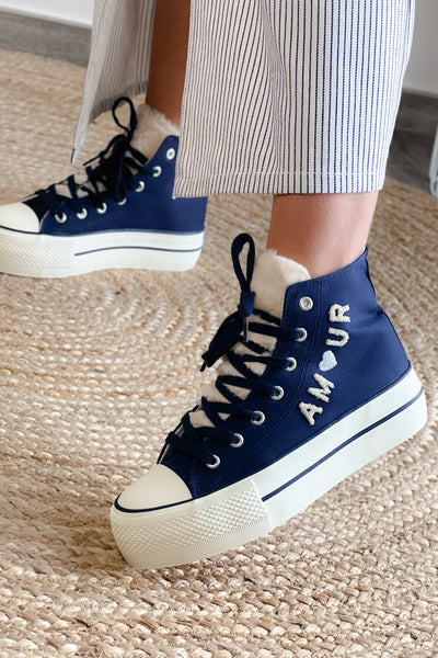 Style Converse " AMOUR " Bleu Marine avec fausse fourrure (8722052612421)