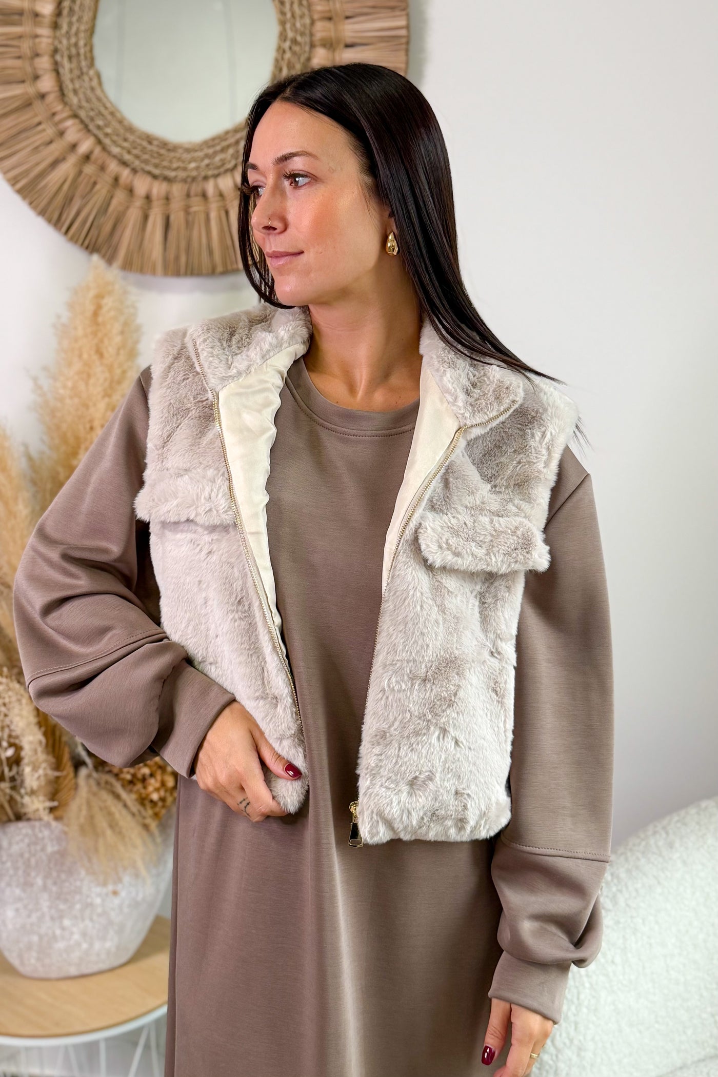 Gilet Sans Manches Fausse Fourrure Esther Beige