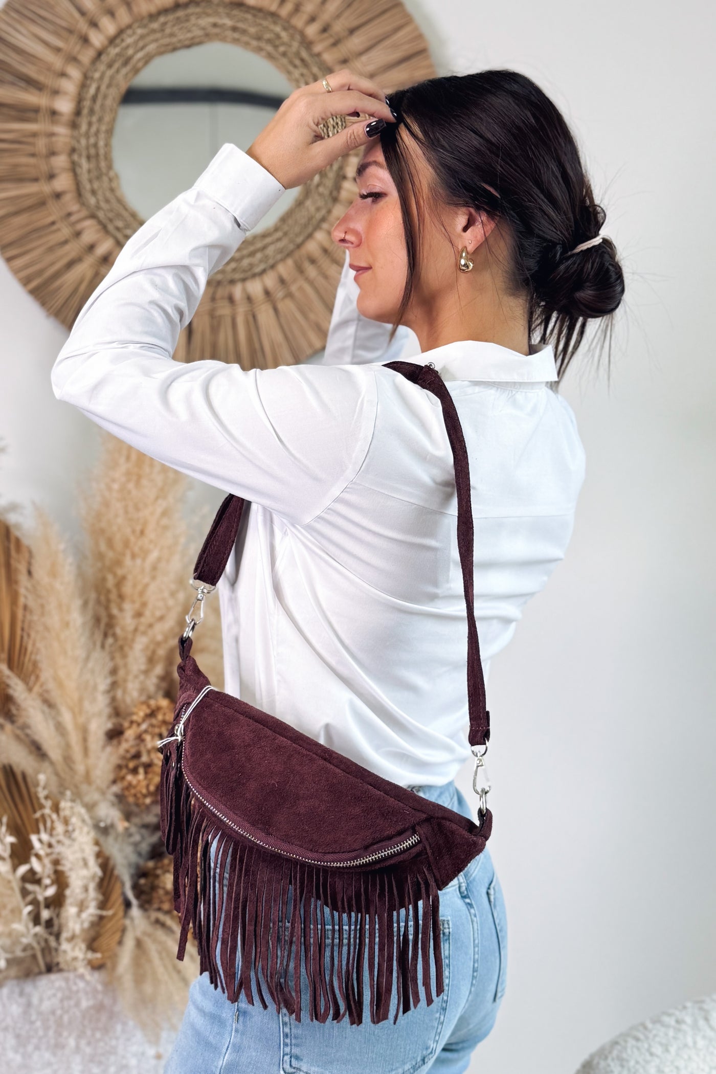 Sac Banane Cuir Bordeaux A Frange