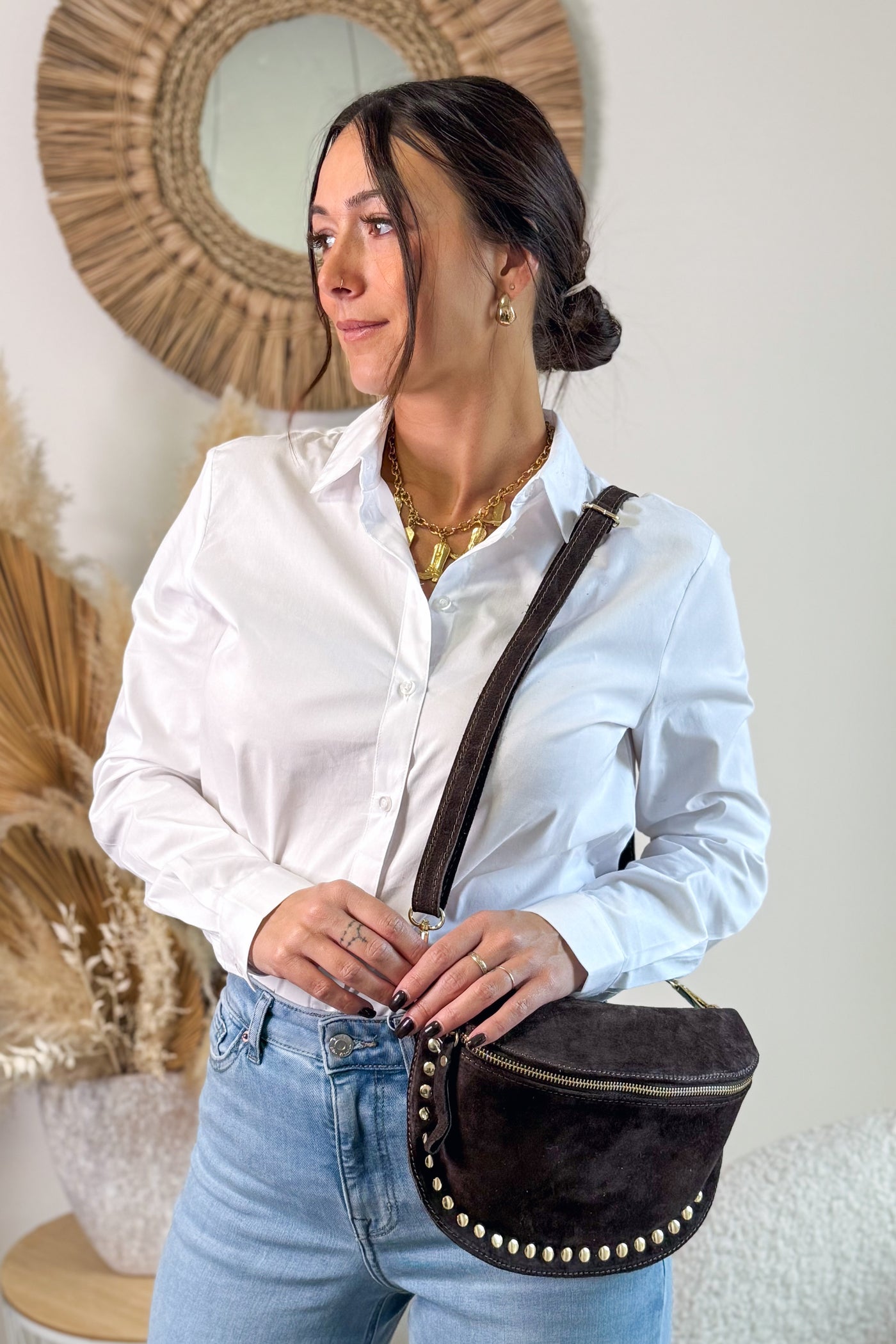 Sac Banane Cuir Choco A Clou