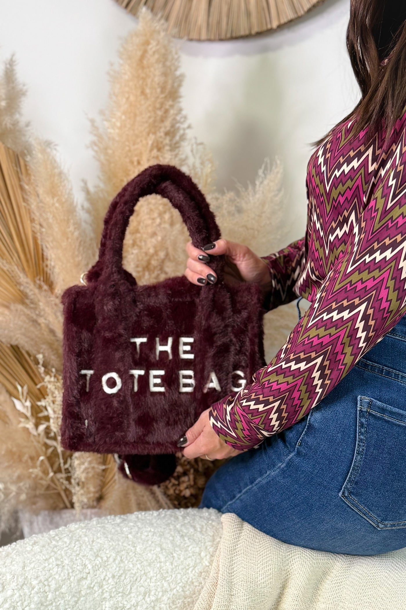 Tote Bag Fourrure Bordeaux Rigide Petit Format