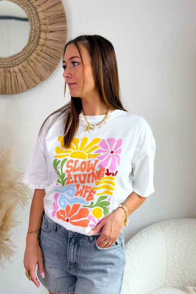 T-Shirt "Slow Living Life" Blanc (15104130318661)