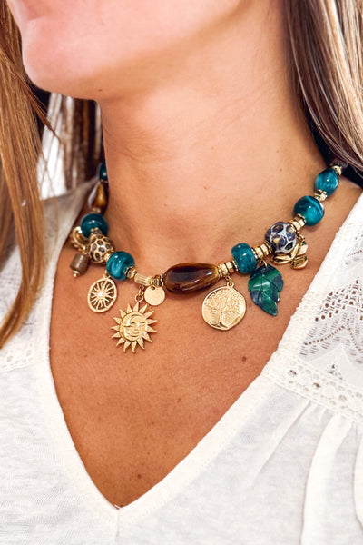 Collier céramique breloques soleil bleu doré (15174709150021)