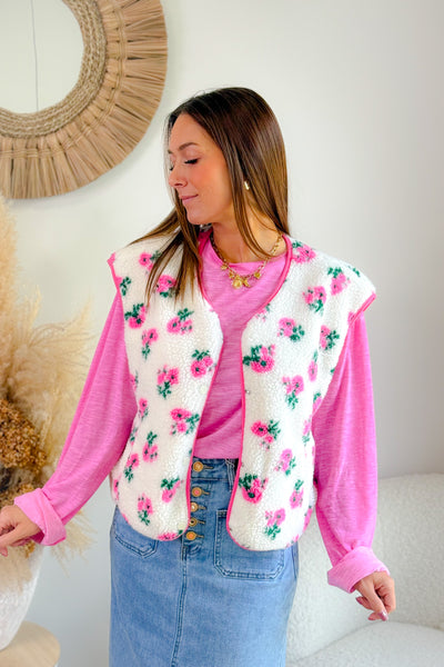 Gilet Sans Manches Teddy Fleurs Blanc/Fuchsia (15038313103685)