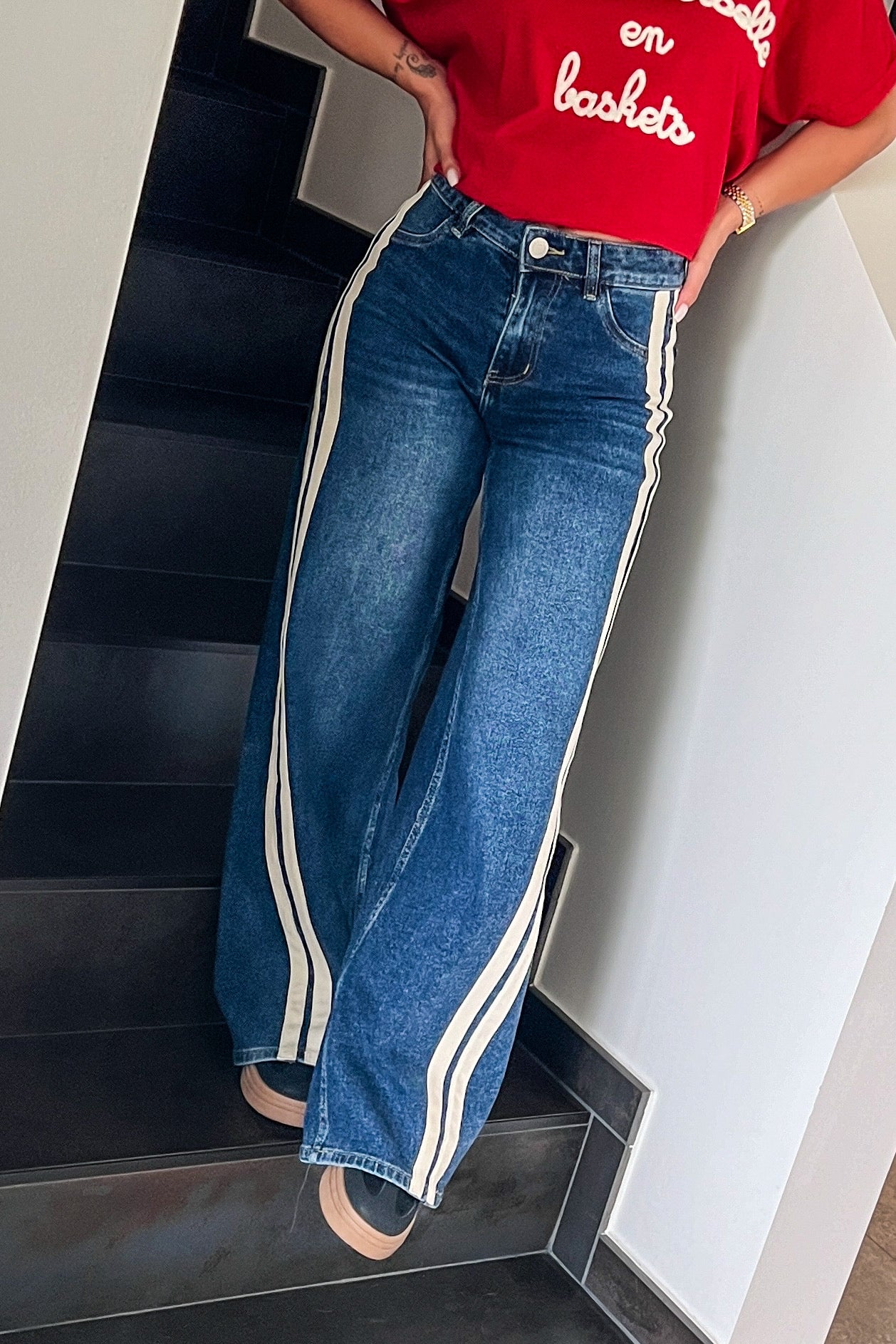 Jeans Large Bandes Bleu Foncé (9566164943173)