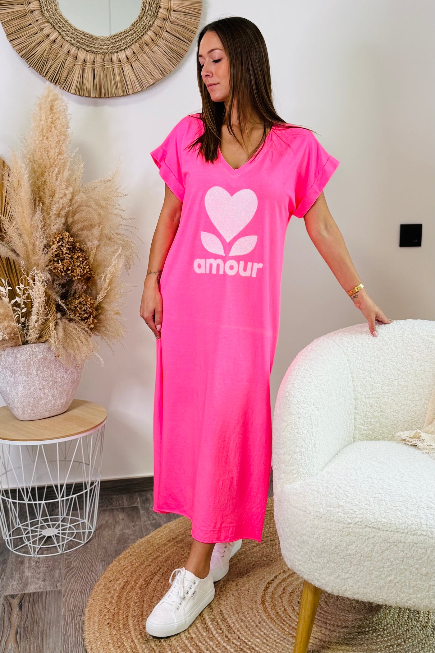 Longue Robe T-Shirt " Amour" Rose Fluo (15086192689477)