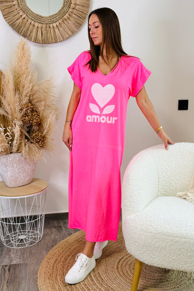 Longue Robe T-Shirt " Amour" Rose Fluo (15086192689477)