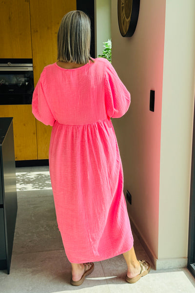 Robe Longue Gaze De Coton Biliane Rose Fluo GT (15065646006597)