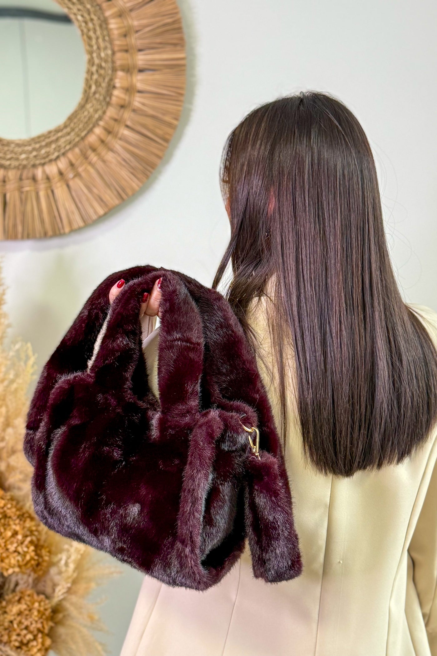 Sac Foxie Fausse Fourrure Bordeaux