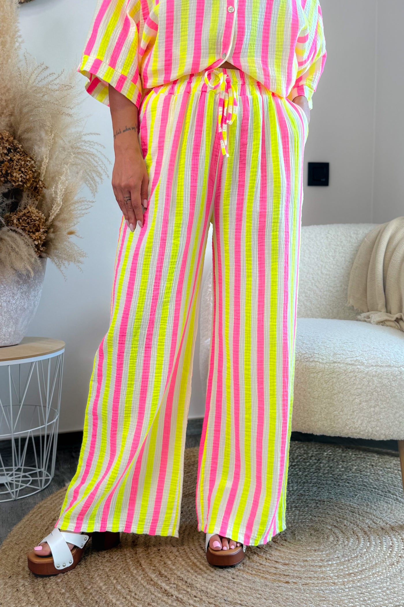 Pantalon Gaze de Coton Ernesta Rose Fluo/Jaune Avec Noeud (15016938799429)
