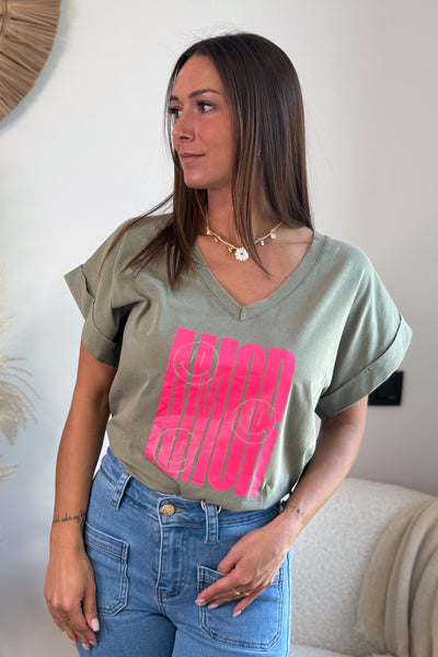T-Shirt "Amore" Rose Fluo /Kaki (15017078260037)