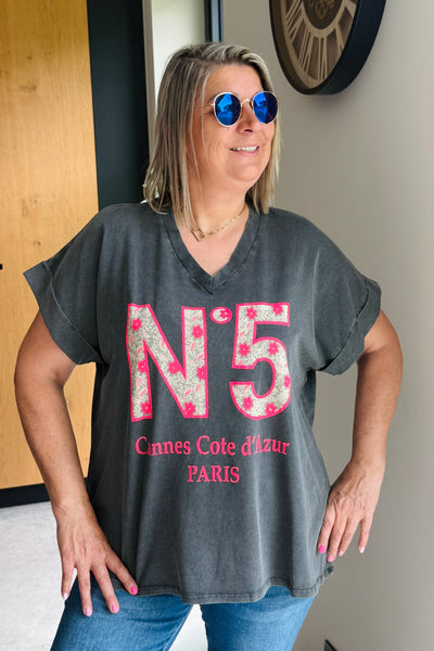 T-Shirt " N5"Noir Délavé/Rose Fluo GT (15065668911429)
