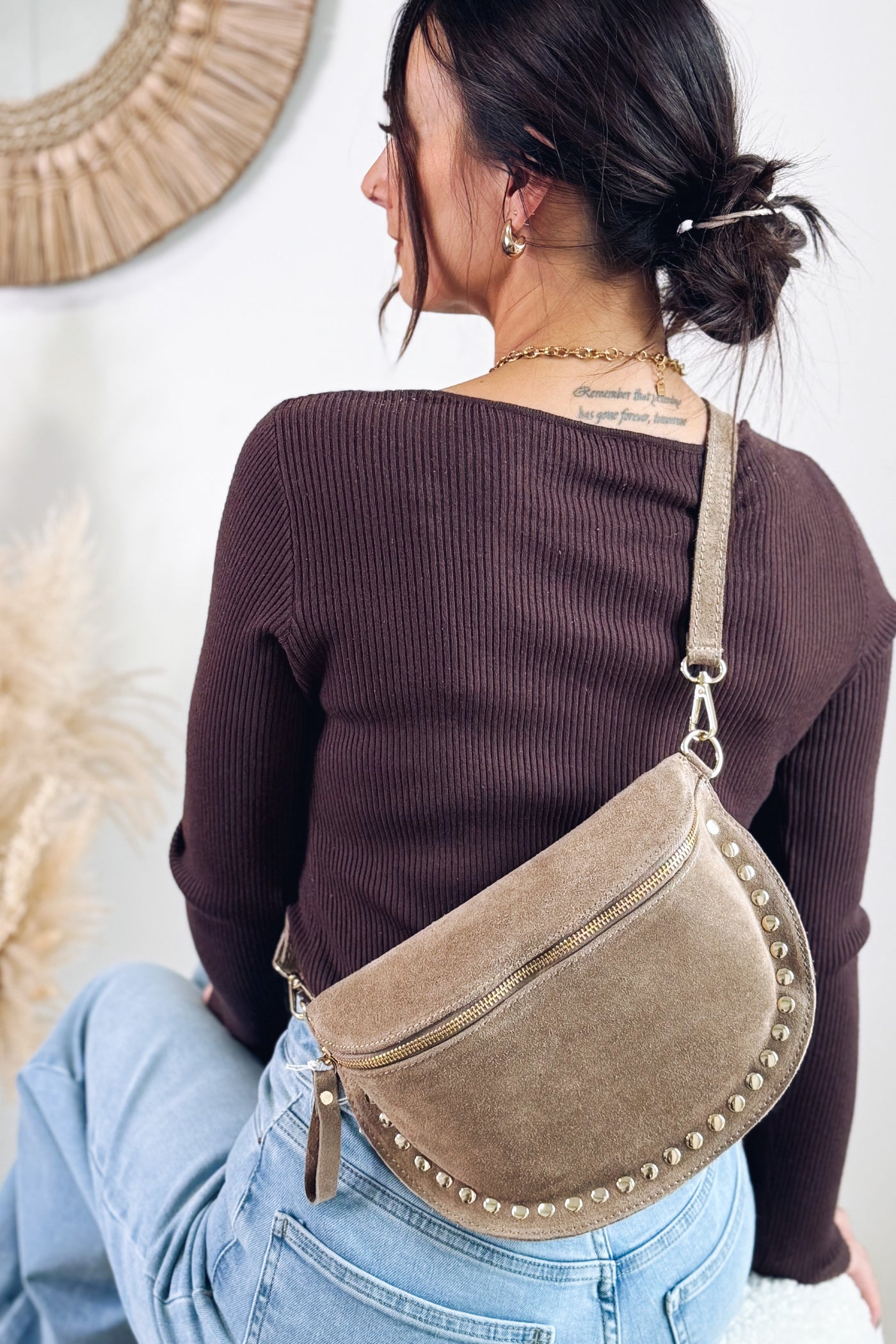 Sac Banane Cuir Beige A Clou