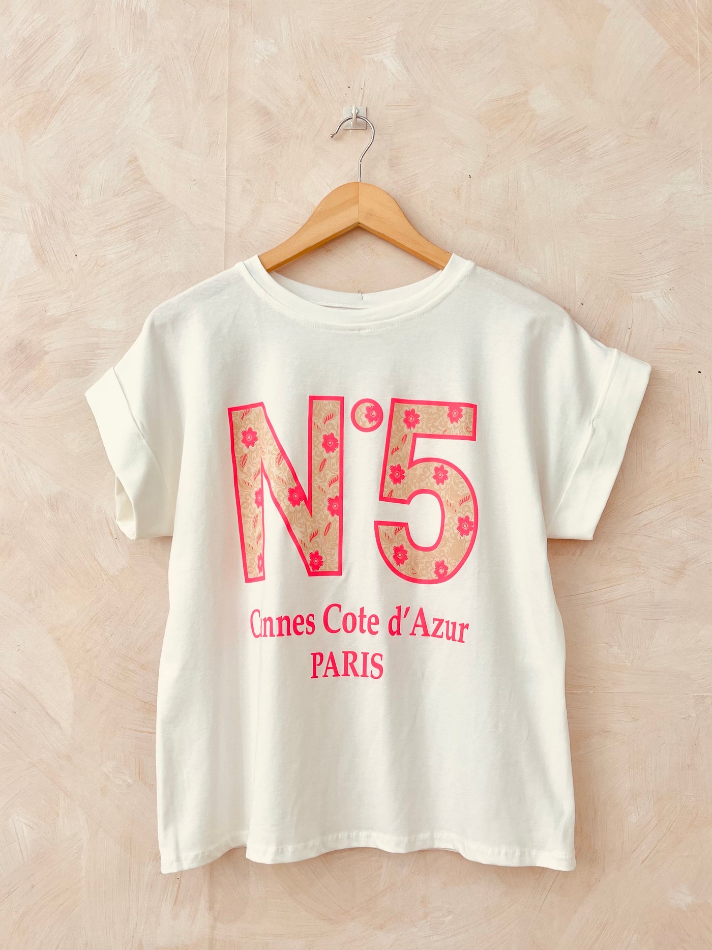 T-Shirt " N5" Blanc/Rose Fluo (14914182414661)