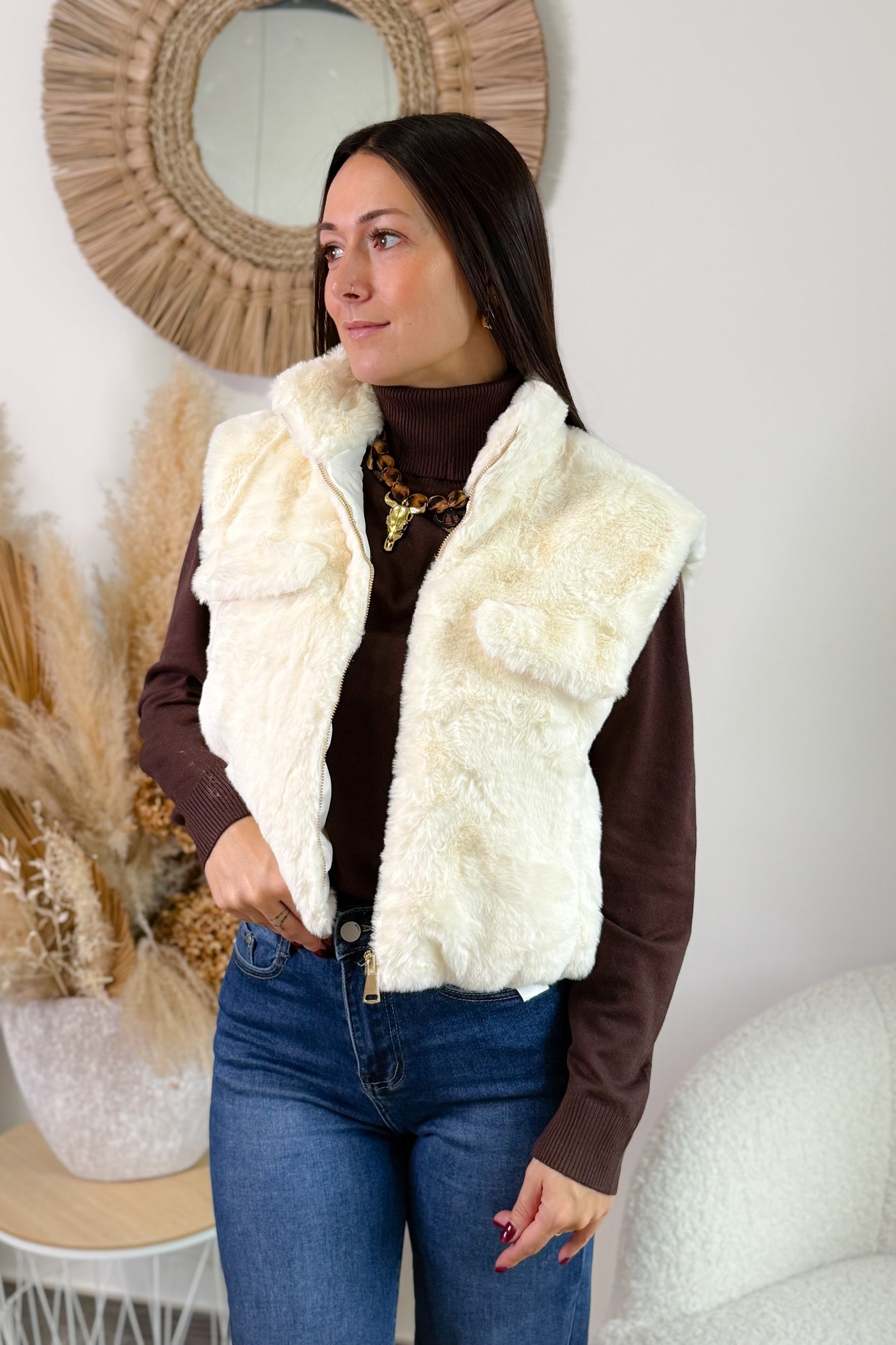 Gilet Sans Manches Fausse Fourrure Esther Ecru