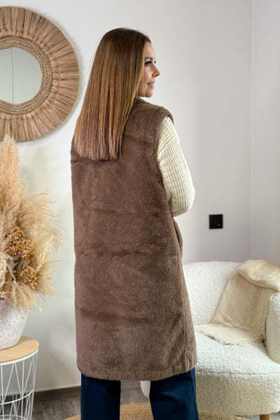 Long Gilet Sans Manches Fausse Fourrure Natacha Brun
