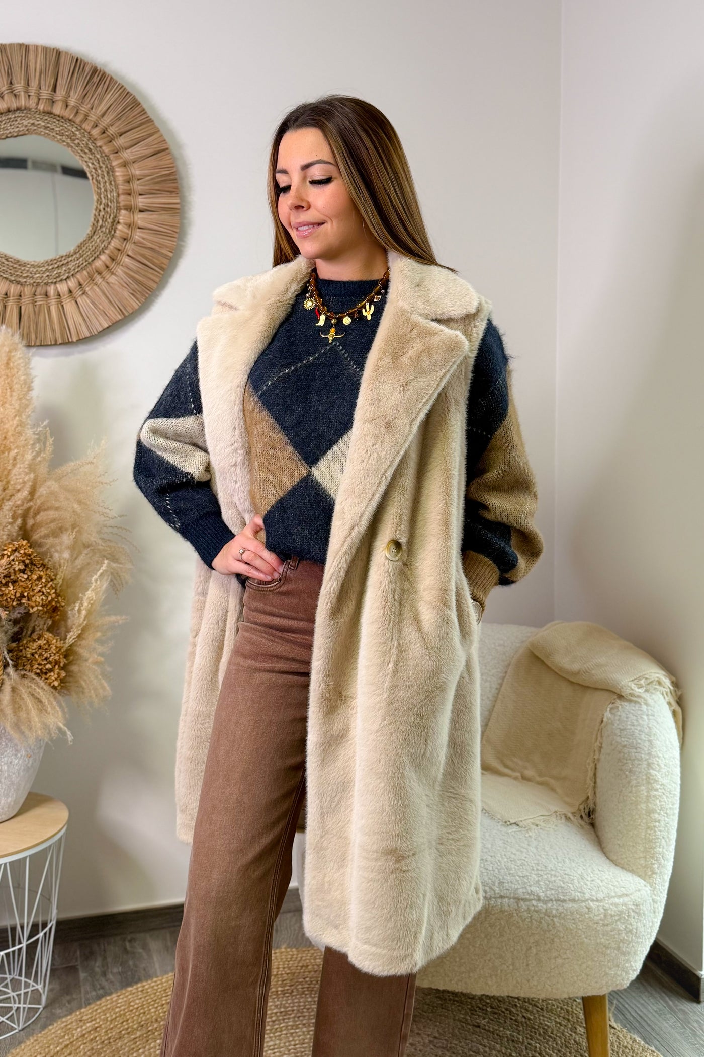 Long Gilet Sans Manches Fausse Fourrure Natacha Beige