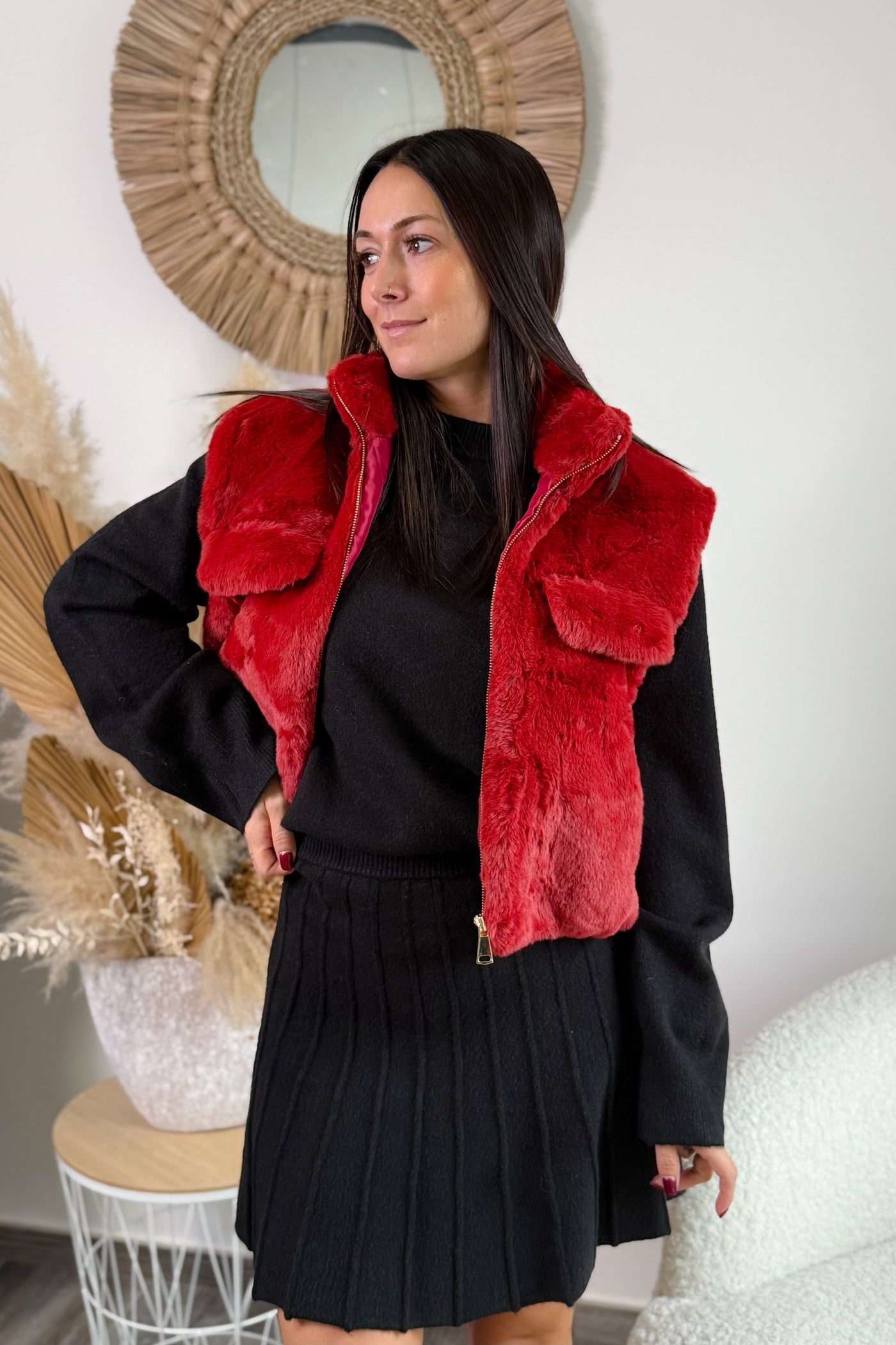 Gilet Sans Manches Fausse Fourrure Esther Rouge