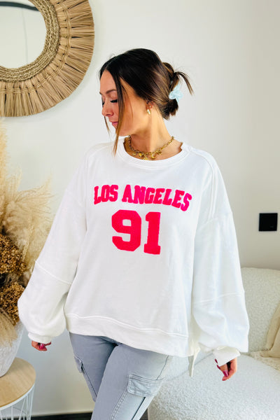 Sweat "Los Angeles" Blanc/Fuchsia (15038294819141)