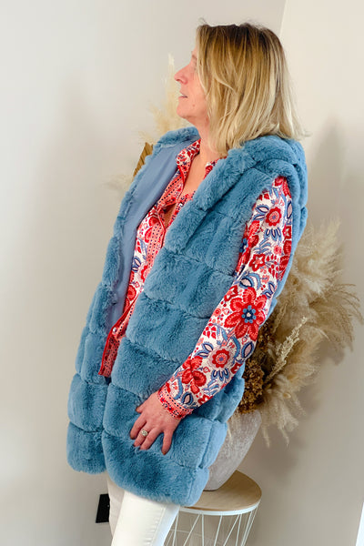 Gilet Fausse Fourrure Rosaline Bleu à Capuche (8813101515077)