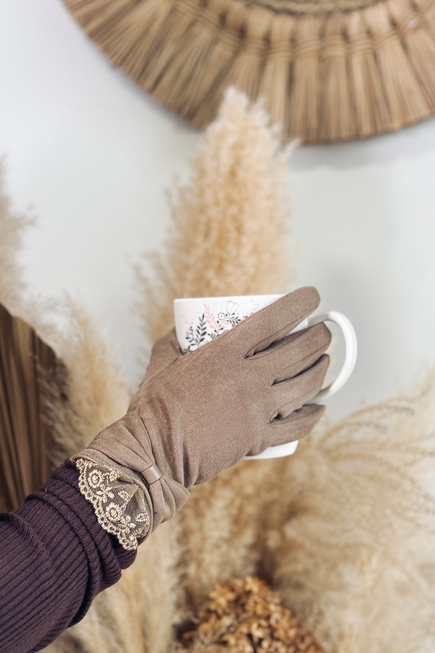 Gants Dentelle Et Noeud Taupe