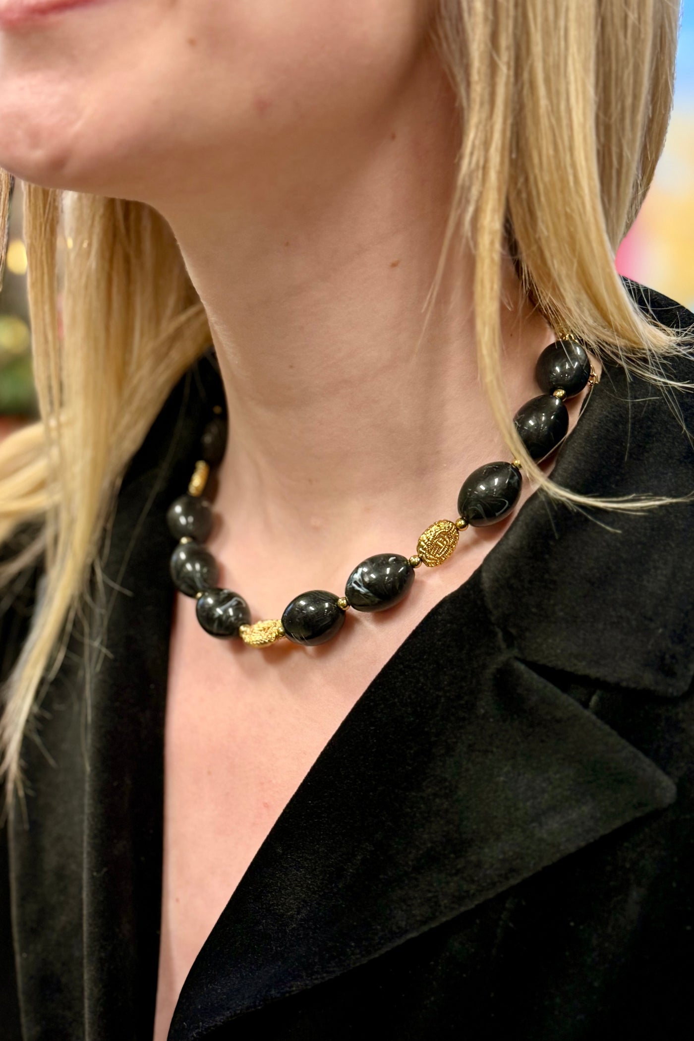 Collier Grosses Perles Bois Noir