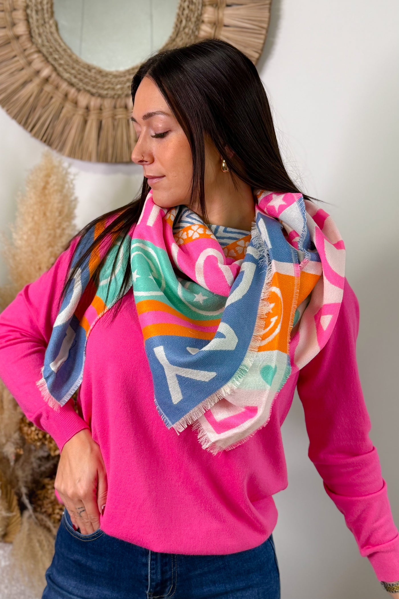 Echarpe Fine " Smiley" Rose Fluo/Bleu