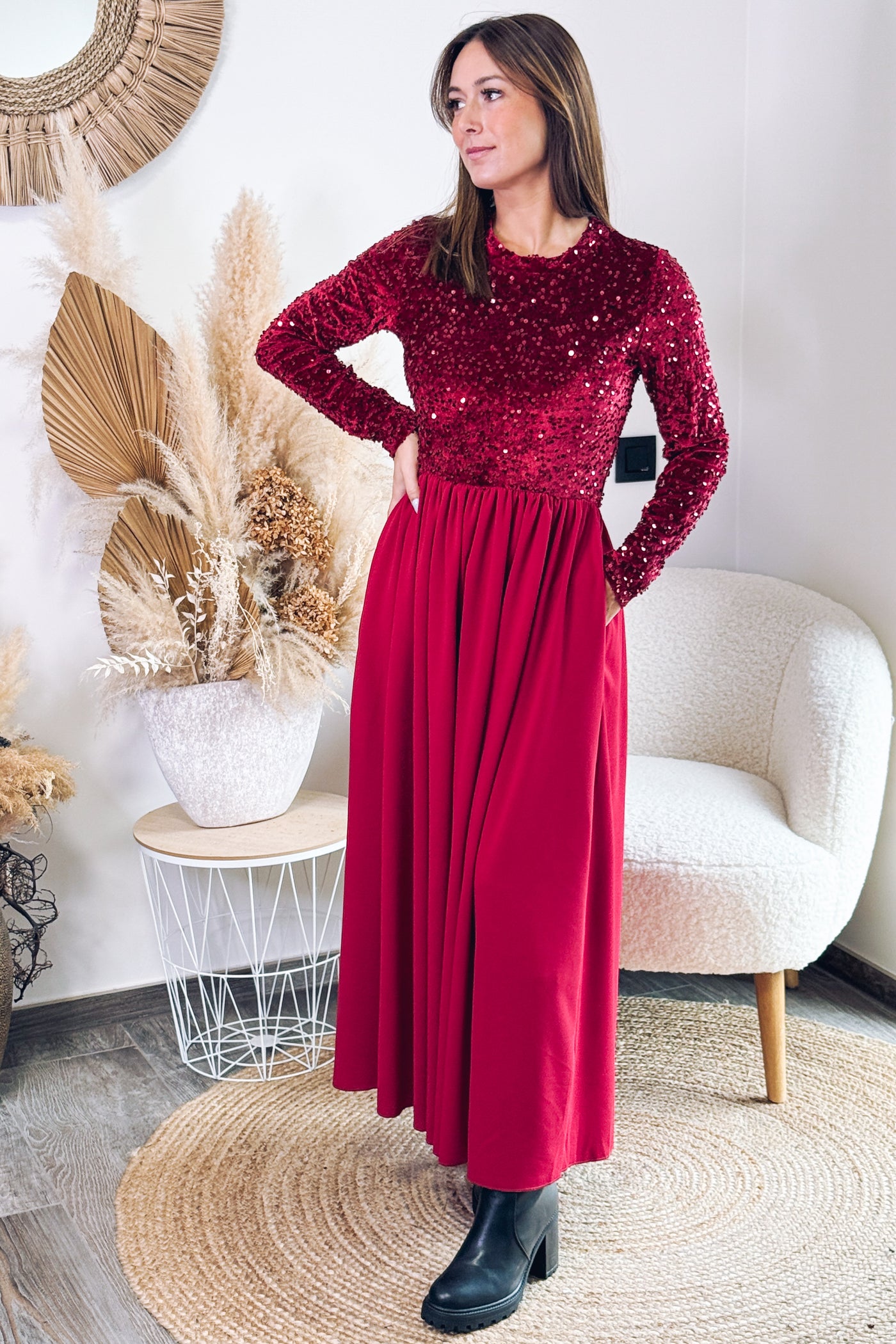 Longue Robe Isalia Bi-matières Bordeaux Sequins (14820589404485)