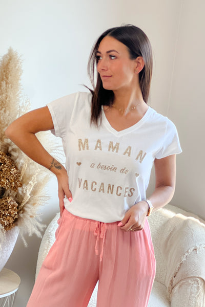 T-Shirt " Maman a besoin de vacances" Blanc/Doré (9226037526853)