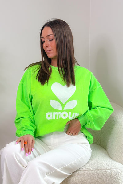 Sweat " AMOUR" Vert Fluo Délavé (14975685886277)
