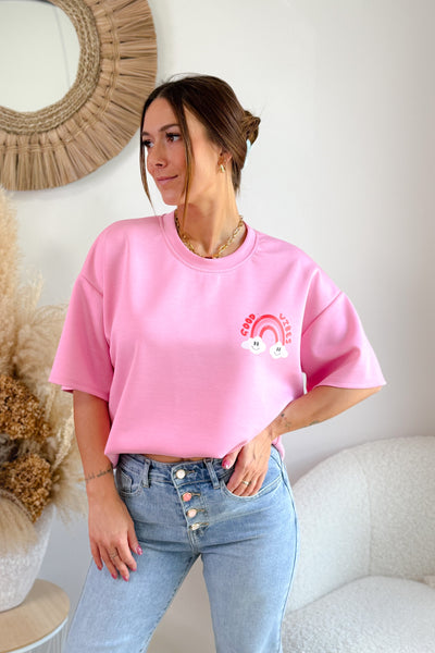 Sweat "Good Vibes" Rose Fluo Manches Courtes (15038226563397) (15038306484549)