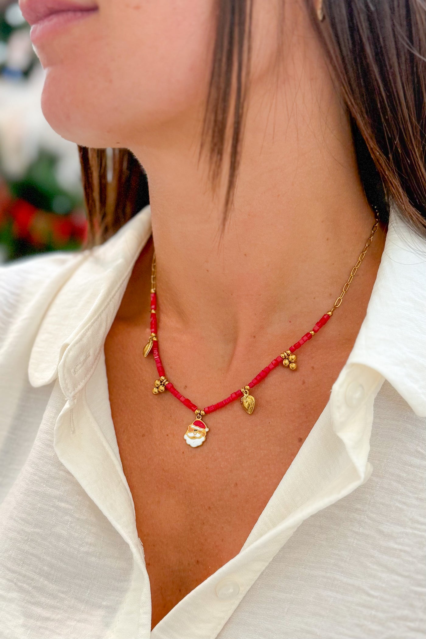 Collier De Noël Perles Rouges & Breloques Dorées