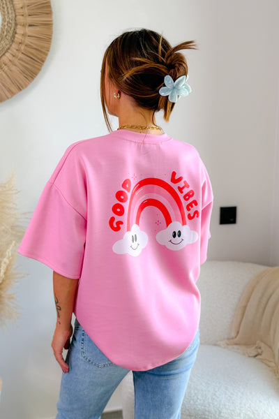 Sweat "Good Vibes" Rose Fluo Manches Courtes (15038226563397) (15038306484549)