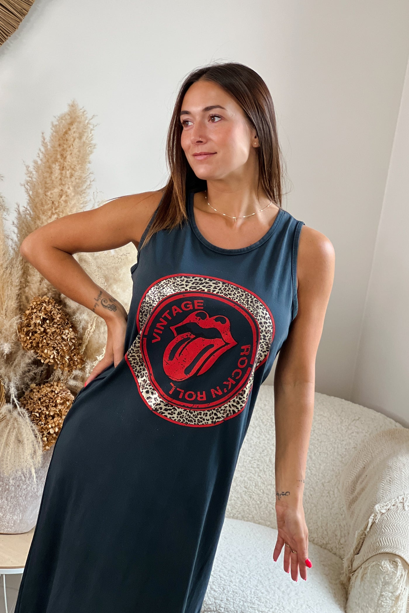 Longue Robe T-shirt "Vintage, Rock n' Roll " Noir (9538173731141)