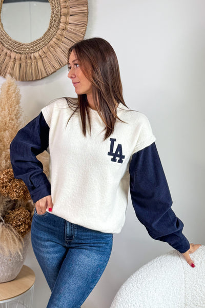 Pull Bi Matières " LA" Bleu Marine (15297402274117)