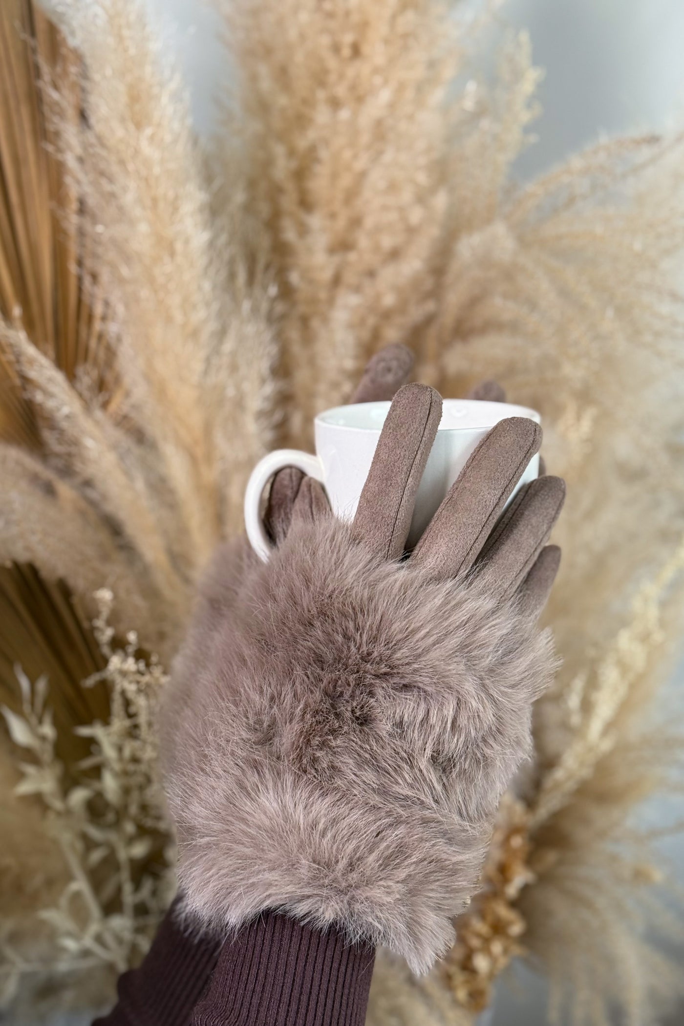 Gants Taupe Gros Rebord Fourrure