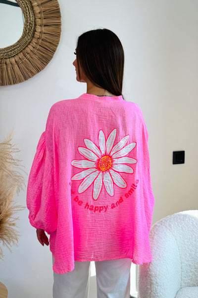 Chemise " Just Be Happy..." Rose Fluo (15095087661381)
