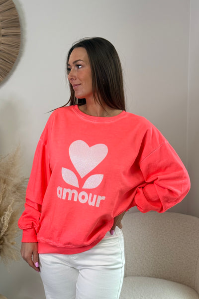 Sweat " AMOUR" Corail Fluo Délavé (14975642534213)