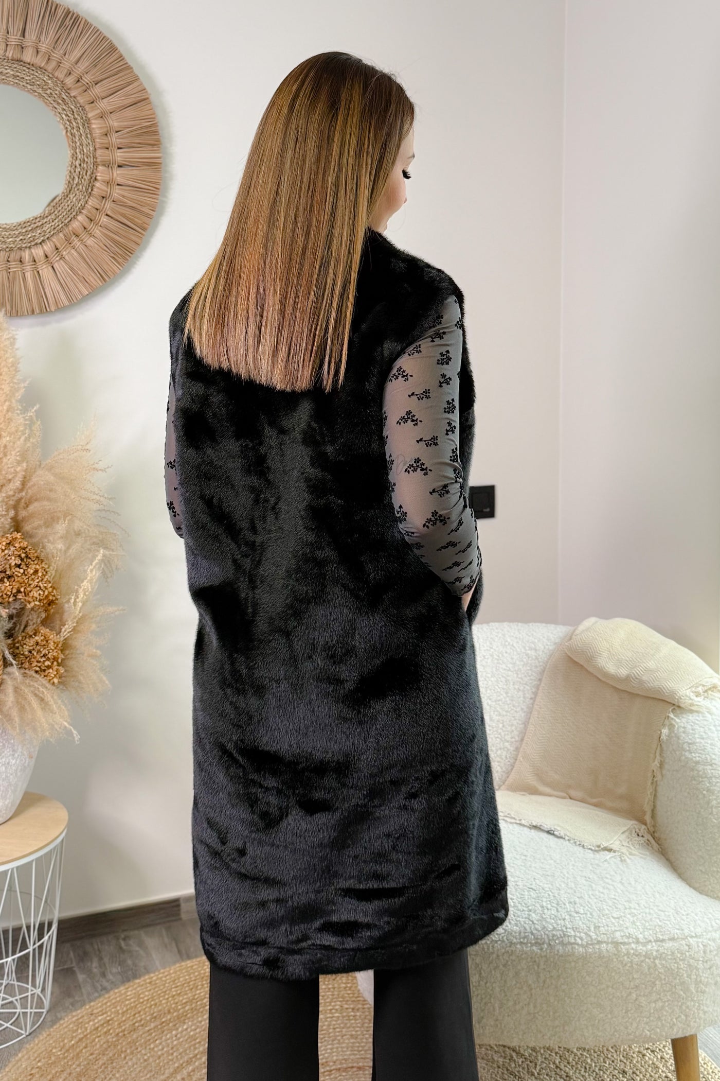 Long Gilet Sans Manches Fausse Fourrure Natacha Noir